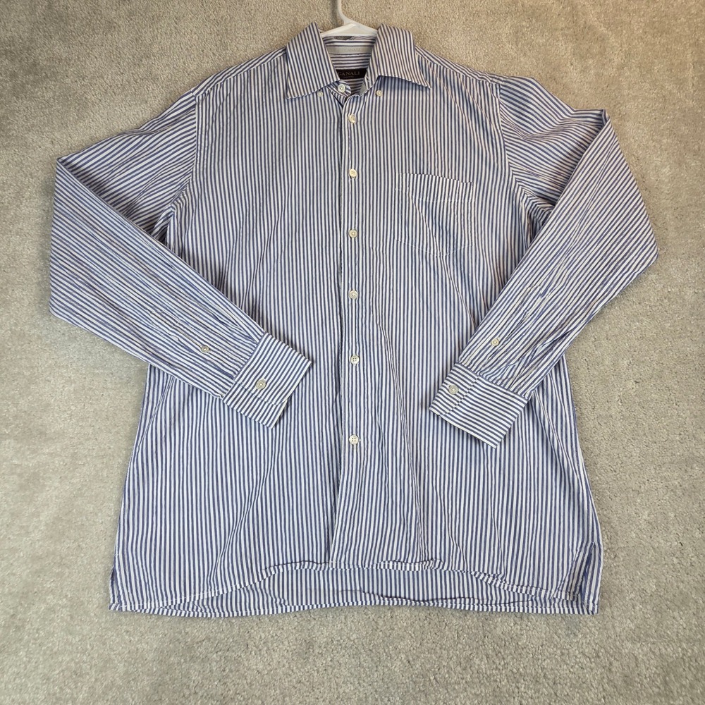 Canali Mens Blue White Striped Cotton Stretch Button Down Shirt Large Italy
